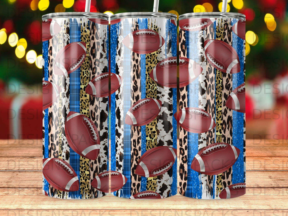 Tumbler with footballs, leopard print, and blue plaid pattern.
