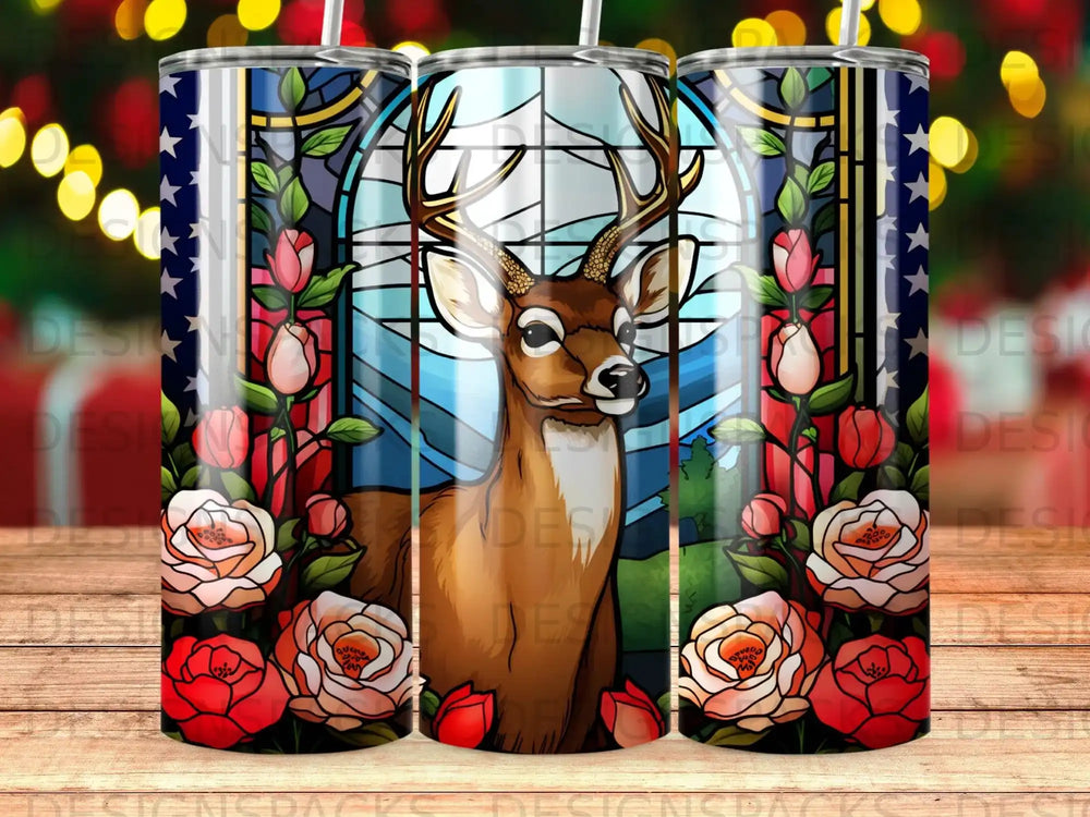 Deer in stained glass with roses and American flag motif.