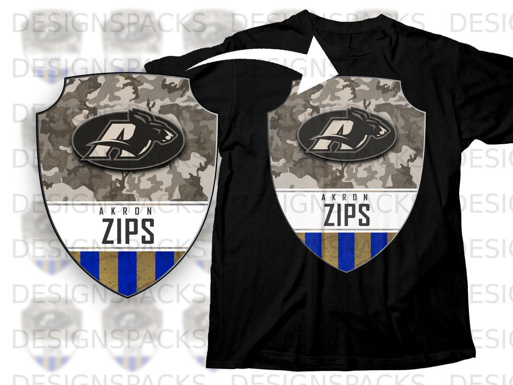 Black t-shirt with a shield graphic featuring "AKRON ZIPS" and a stylized panther.