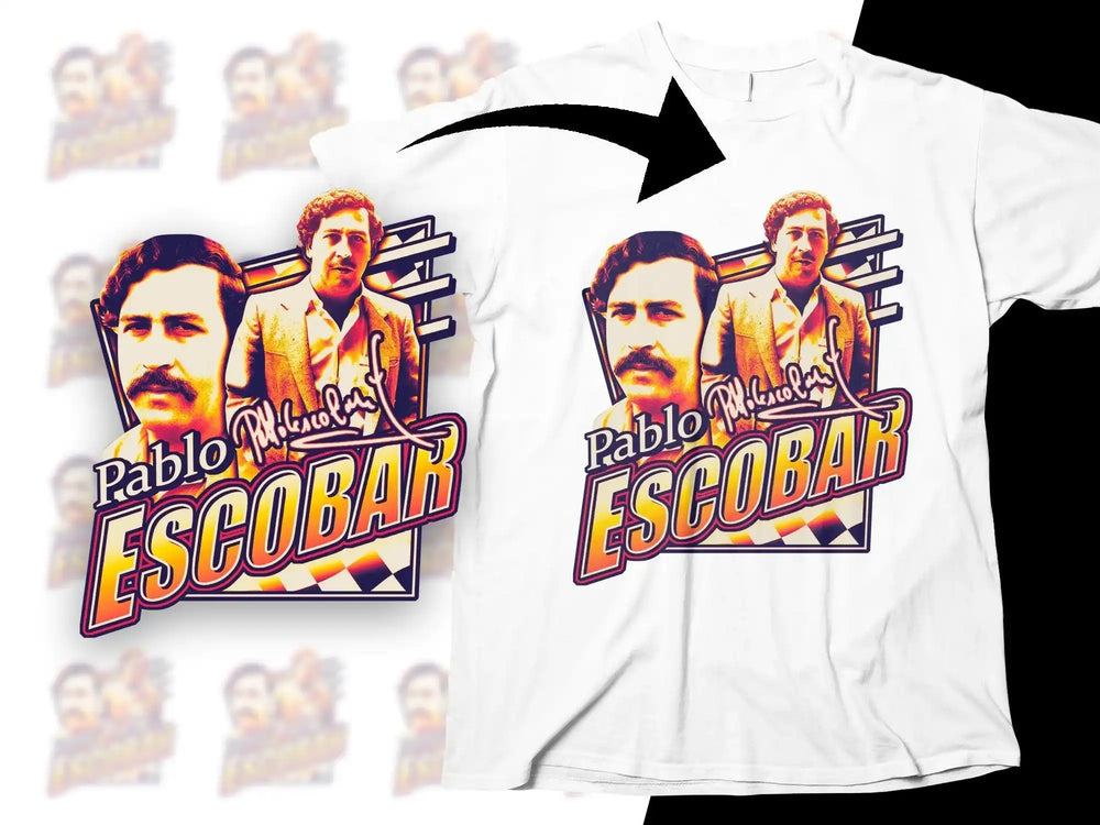 Pablo Escobar t-shirt design with bold retro graphics and signature print