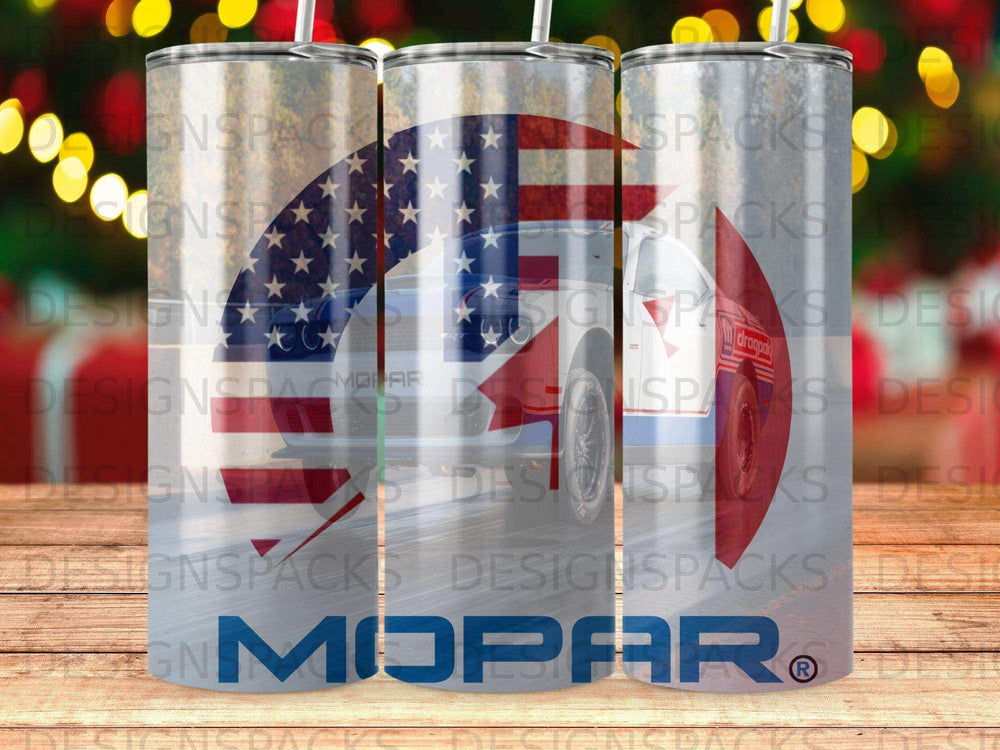 Mopar dragpak tumbler with American flag overlay.