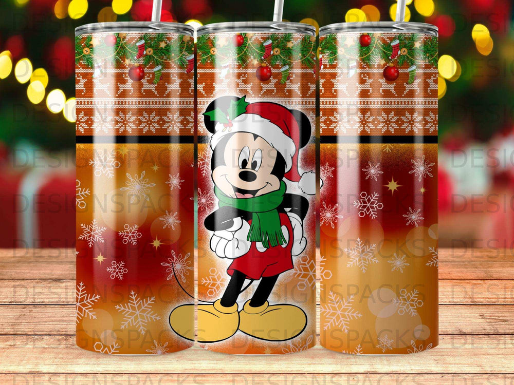 Mickey Mouse in Santa hat with snowflakes and Christmas ornaments.