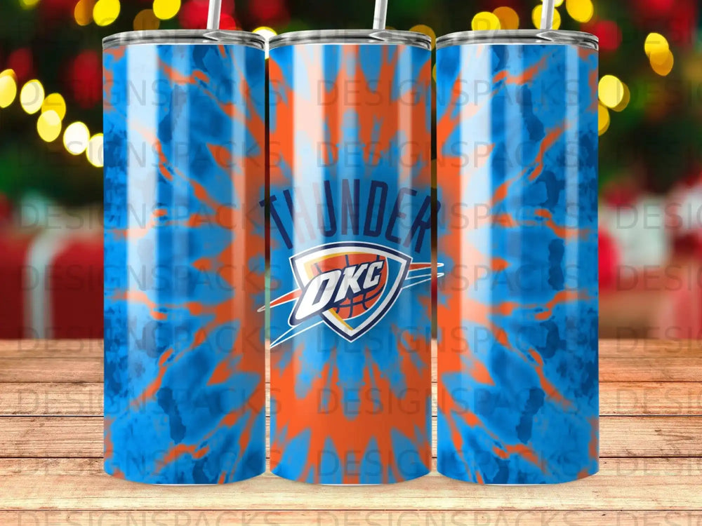 Oklahoma City Thunder logo on a blue and orange tie-dye tumbler.