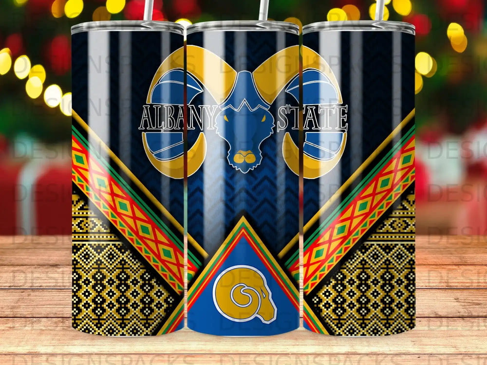 Albany State University ram logo with blue and gold accents on a striped tumbler.