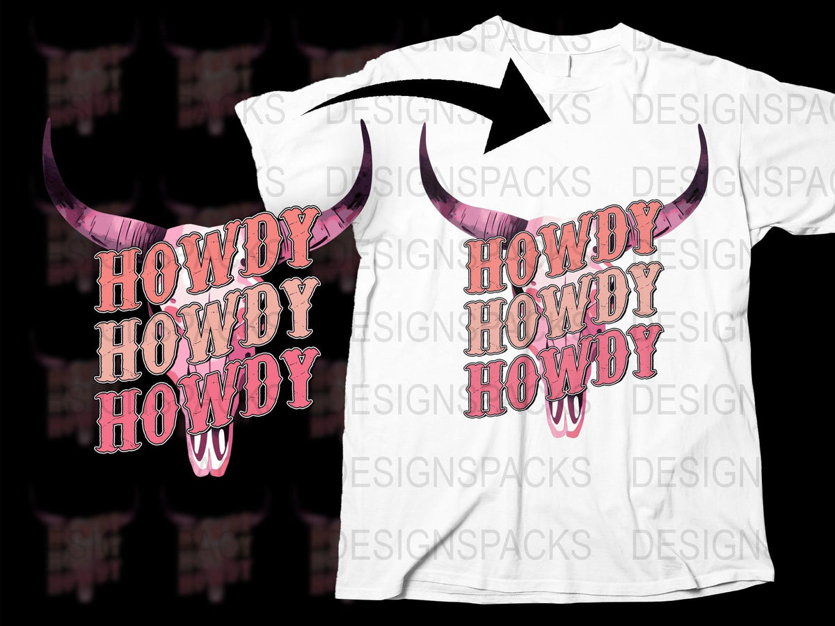 Howdy Text Western Style T-Shirt, Pink Cowboy Horns Graphic, Unisex Fashion Tee