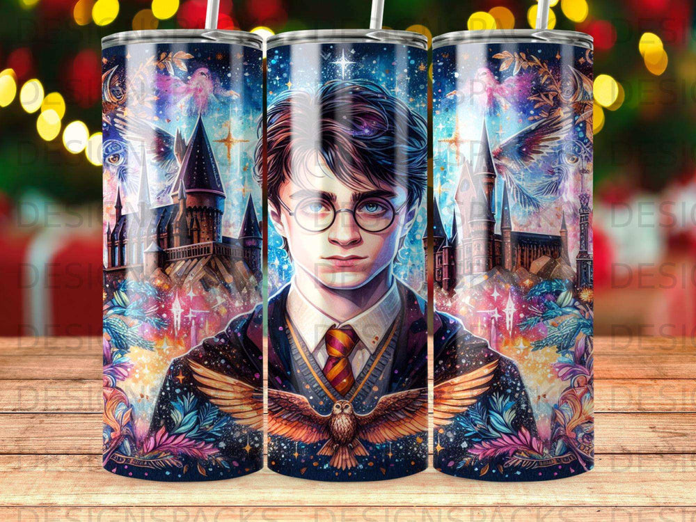 Harry Potter character with Hogwarts castle and owl, against a starry, colorful background.