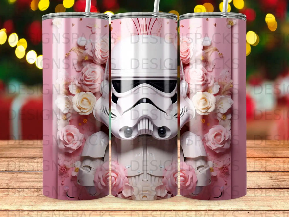 Stormtrooper helmet with pink roses on a patterned tumbler.