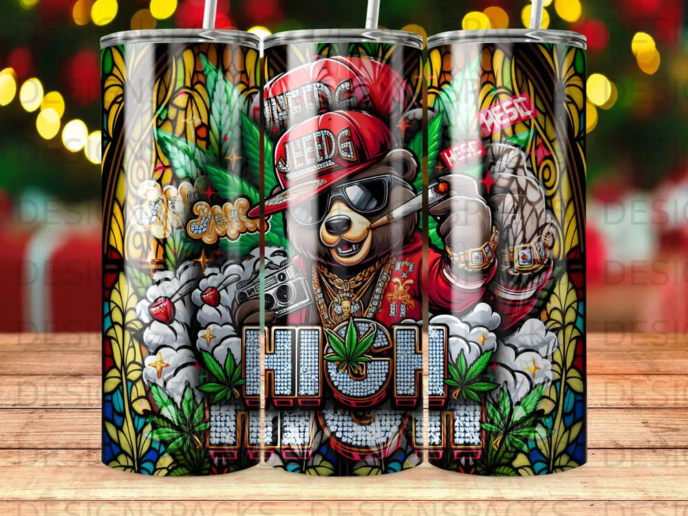 Bear wearing sunglasses and jewelry smoking, with "HIGH SEEDS" text and marijuana leaves.