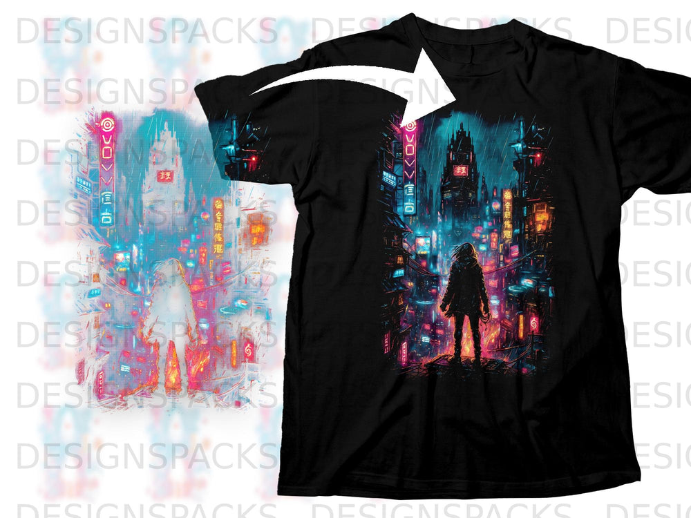 Black t-shirt featuring a lone figure in a neon-lit, futuristic city street scene.