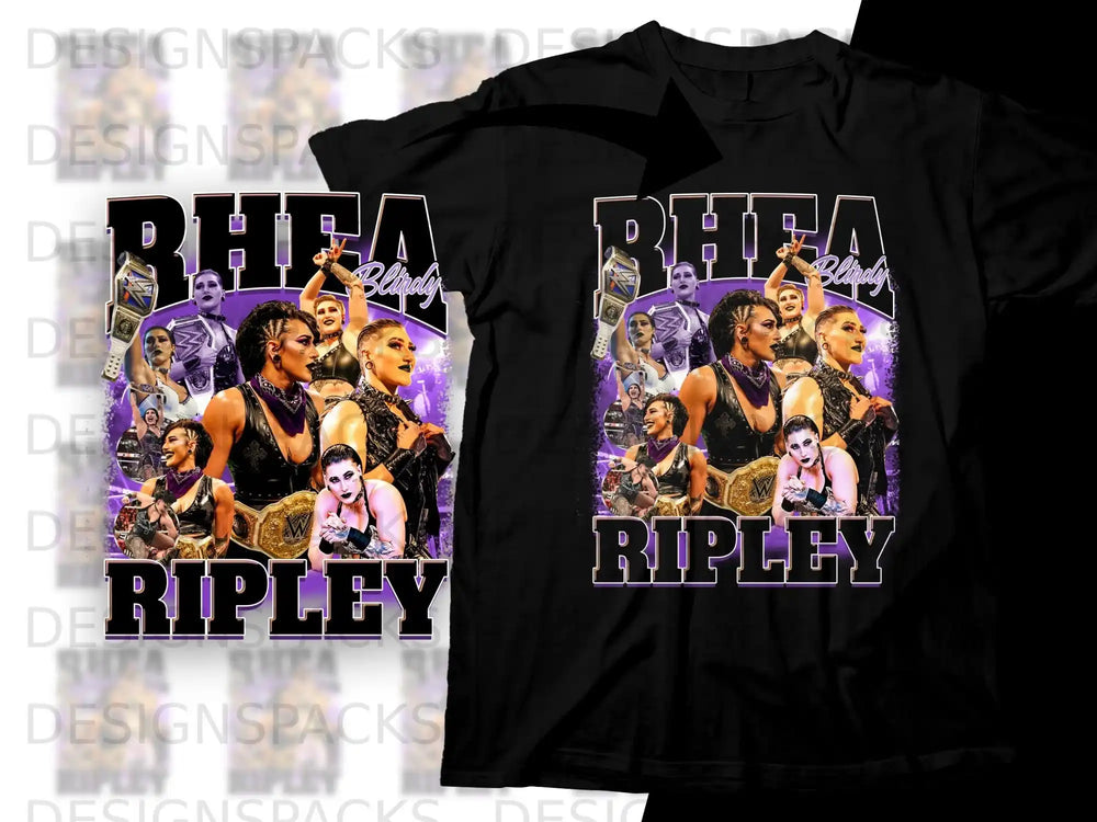 Black t-shirt with Rhea Ripley wrestling collage and "RHEA RIPLEY" text.