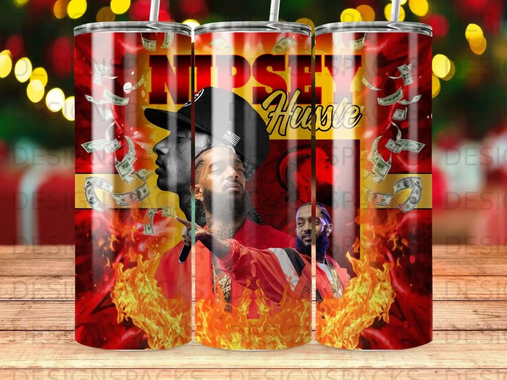 Nipsey Hussle portrait with fire and falling dollar bills.