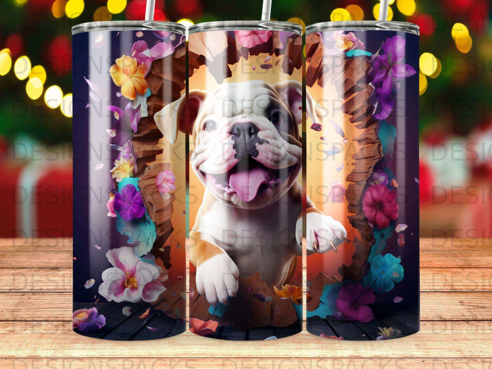 Bulldog puppy with flowers bursting through wood in a tumbler design.