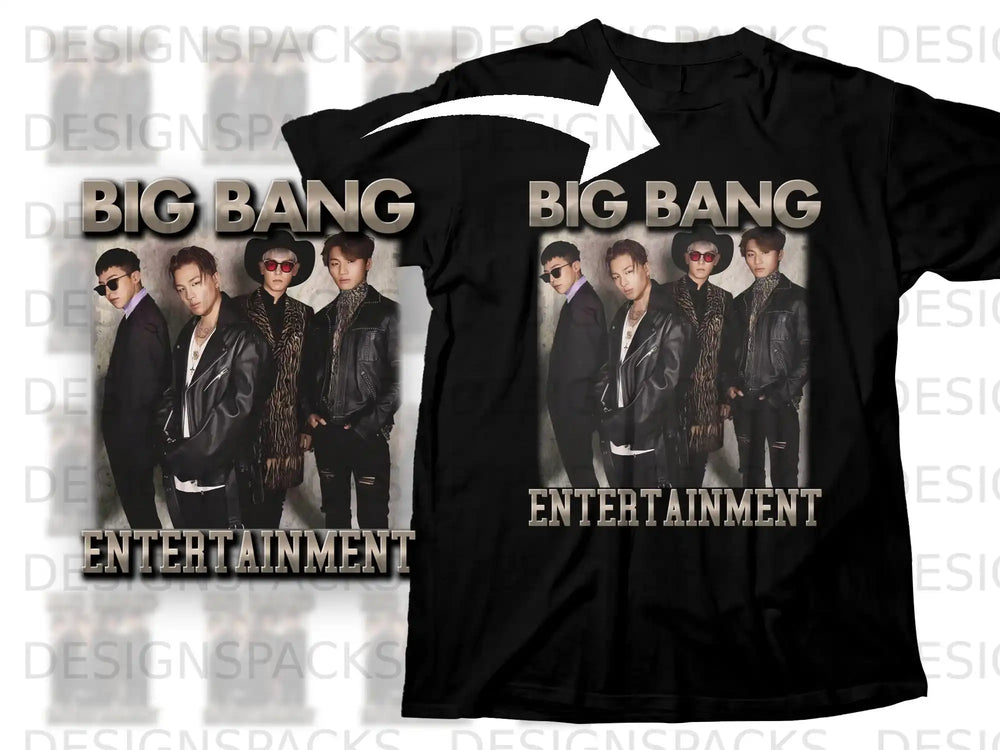 Black t-shirt with "BIG BANG ENTERTAINMENT" and group photo.