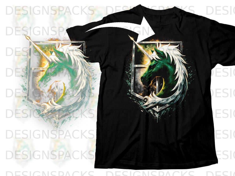 Black t-shirt featuring a green unicorn head crest with white mane.