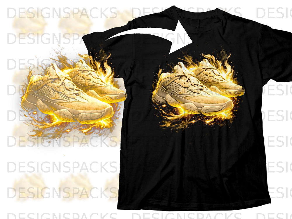 Black t-shirt with graphic of tan sneakers surrounded by yellow flames.
