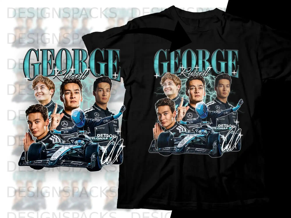 T-shirt featuring George Russell and F1 car with sponsor logos.