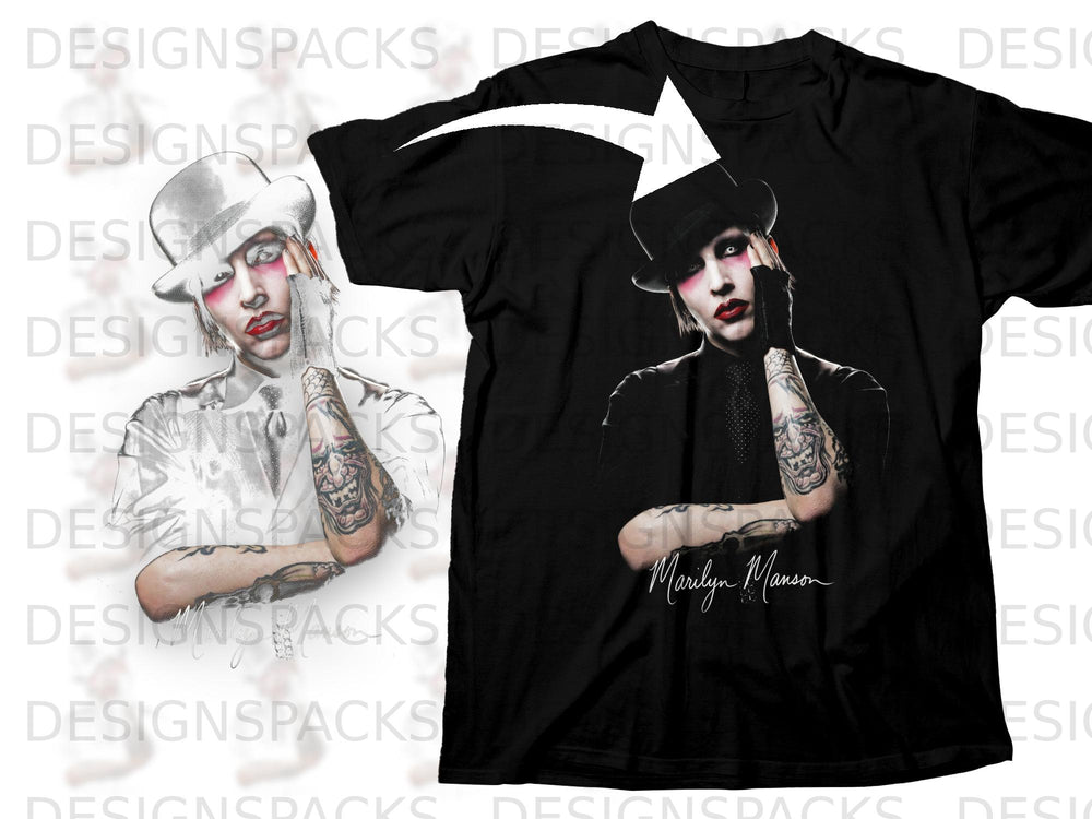 Black t-shirt with Marilyn Manson's portrait and signature on the front.