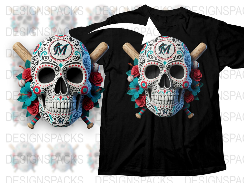 Day of the Dead T-Shirt, Sugar Skull with Roses and Crossed Bats Design, Unisex Black Tee