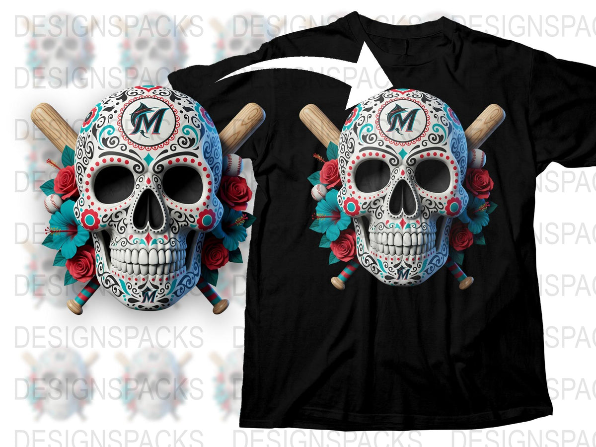 Day of the Dead T-Shirt, Sugar Skull with Roses and Crossed Bats Design, Unisex Black Tee