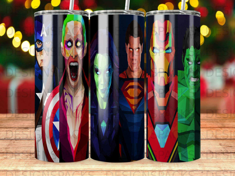 Tumbler with DC and Marvel comic book characters including Joker, Superman, and Hulk.