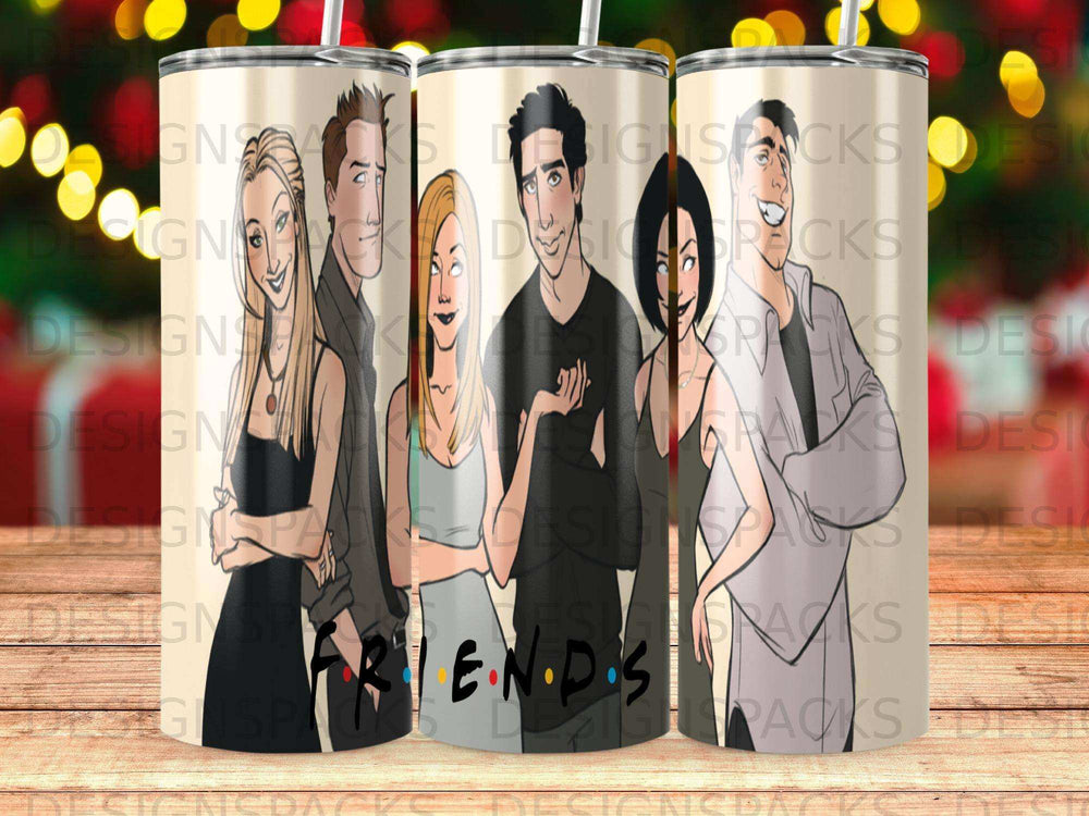 Friends TV show characters on a patterned tumbler.