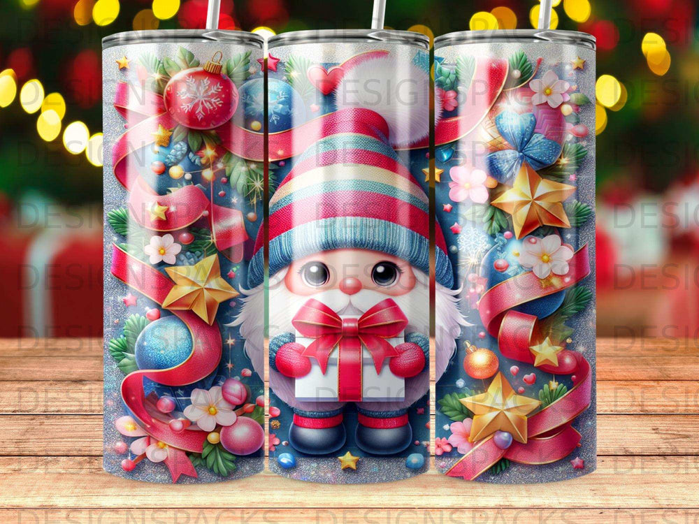 Gnome in festive holiday attire holding a wrapped gift, surrounded by ornaments and stars.
