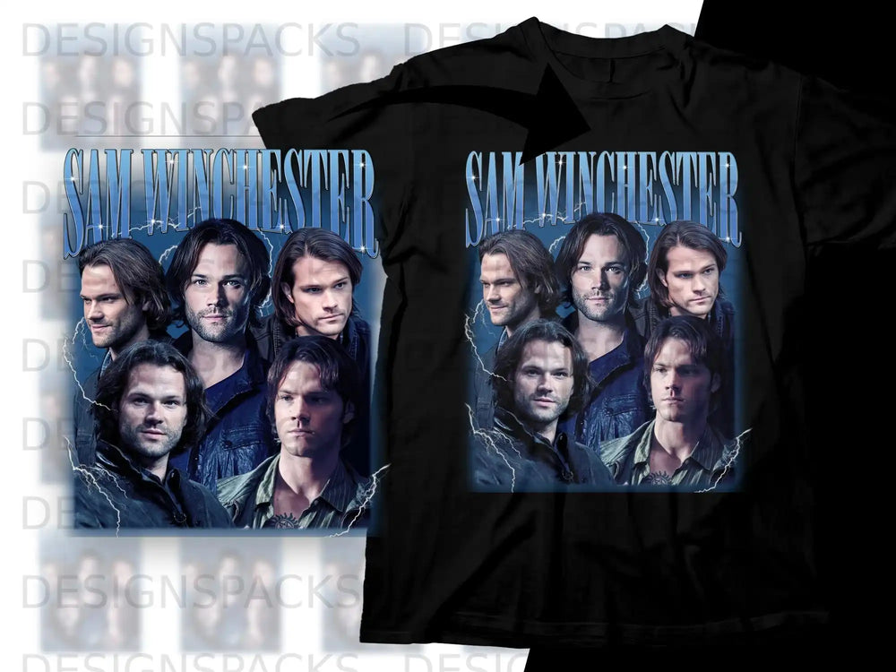 Collage of Supernatural's Sam Winchester actors on a black t-shirt.