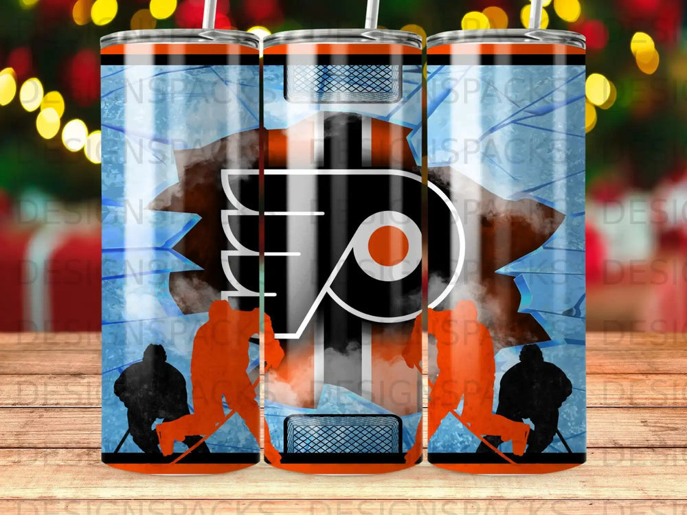 Philadelphia Flyers logo with hockey players and a net on a blue, icy background.