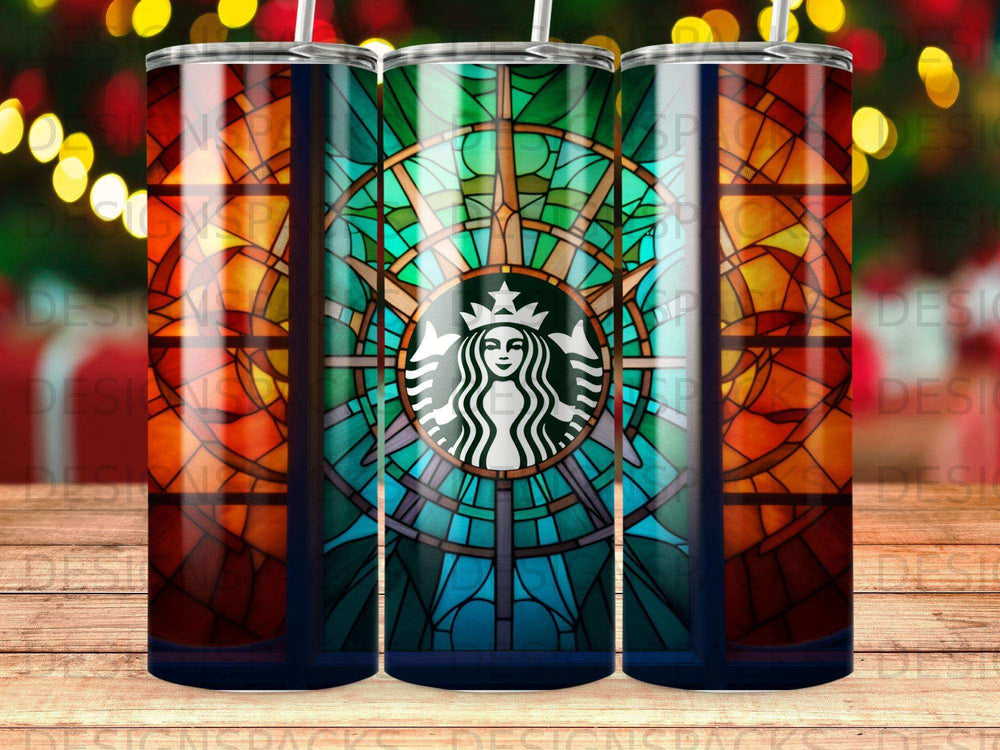 Starbucks logo on a stained glass pattern tumbler.