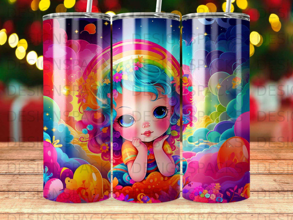 Colorful cartoon girl with rainbow hair and bright clouds surrounds a personalized tumbler.