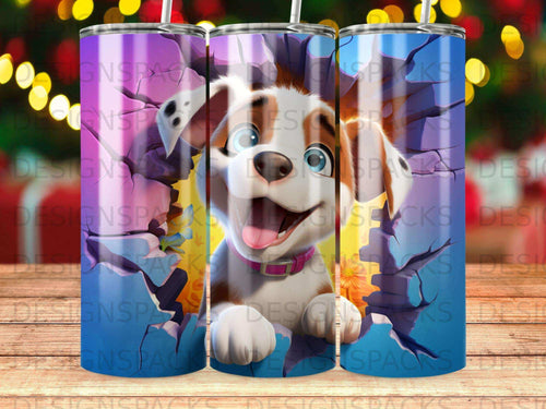 Dog breaking through cracked wall, colorful pattern on tumbler.