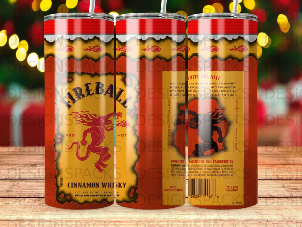 Fireball Cinnamon Whisky tumbler with red and orange design and text.