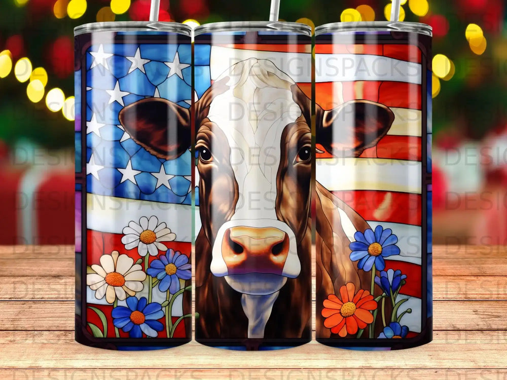 Cow with American flag and flowers on a rustic wooden background.