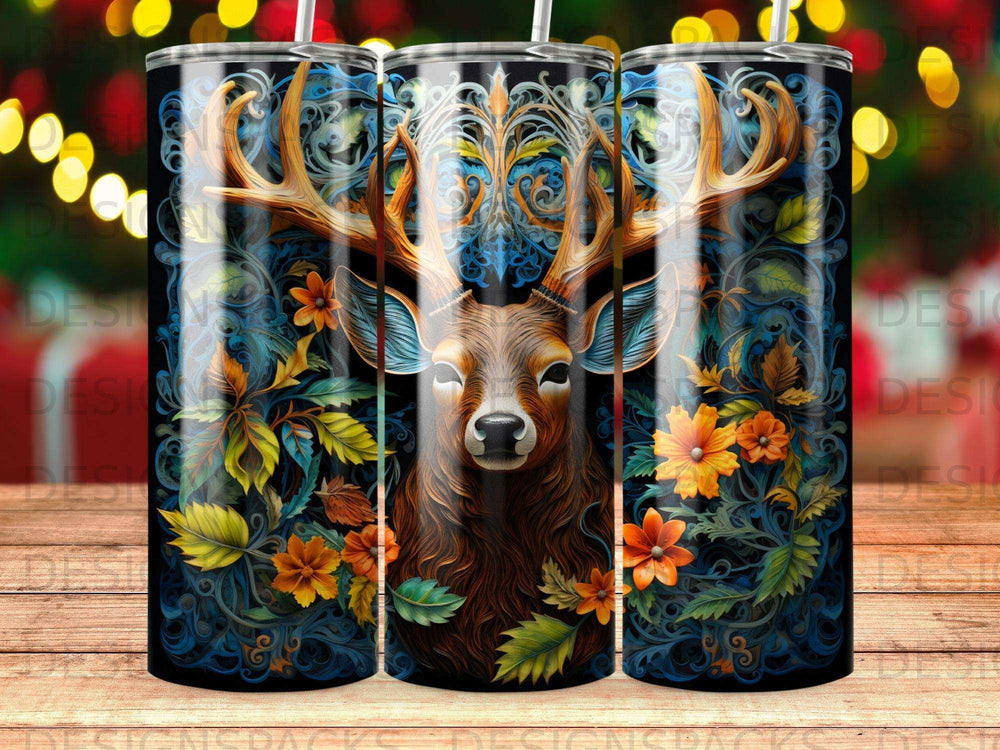 Deer head with ornate antlers surrounded by colorful floral and foliage patterns.