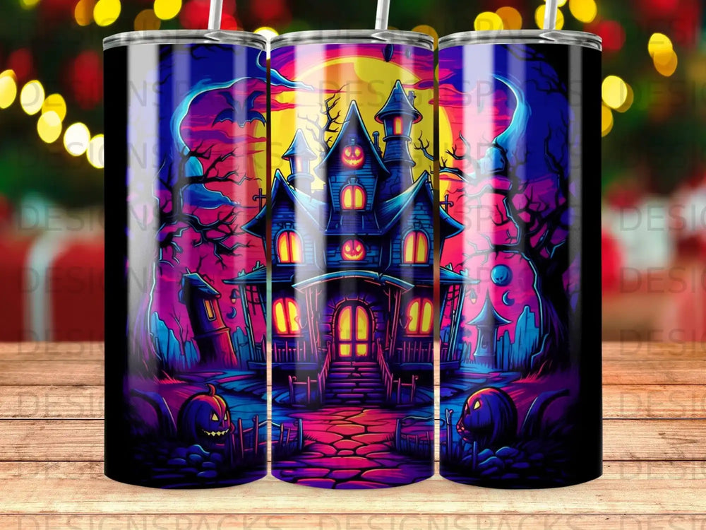 Spooky haunted house with jack-o'-lanterns under a full moon.