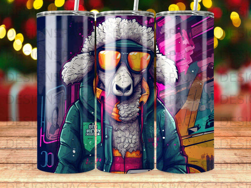Stylized sheep wearing sunglasses and a hoodie, with a city background.