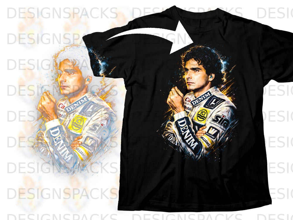 Black t-shirt featuring stylized portrait of Ayrton Senna in racing gear with text.