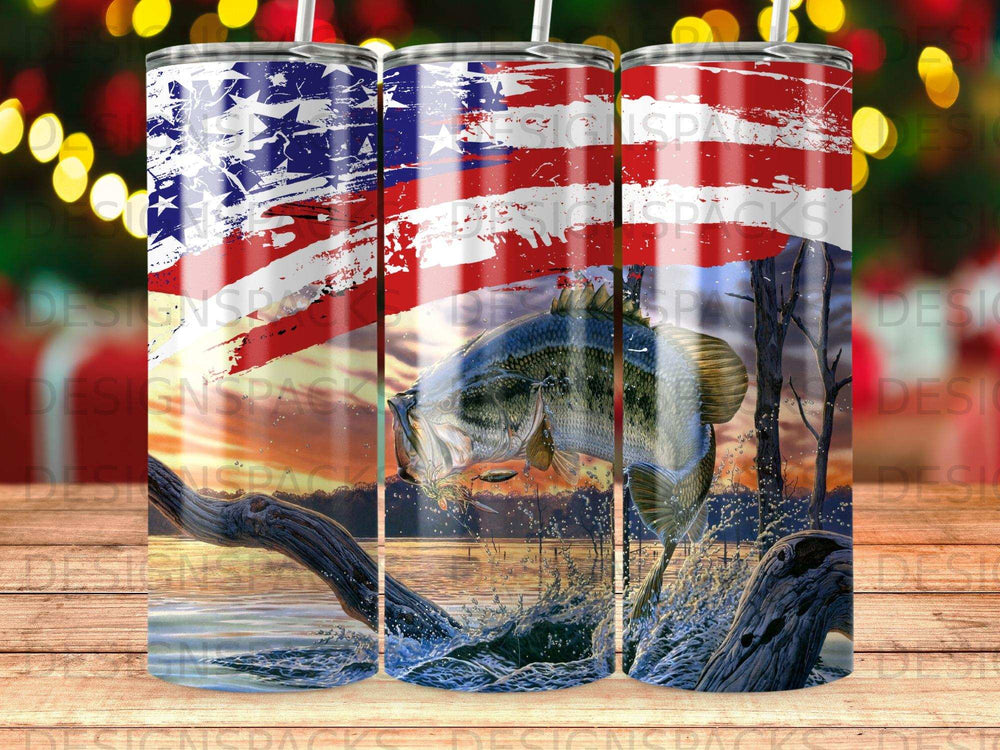 Bass jumping from water with American flag background and tree branches.
