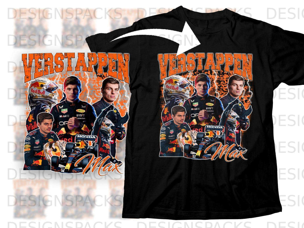 Max Verstappen Red Bull Racing t-shirt with drivers and car graphics.