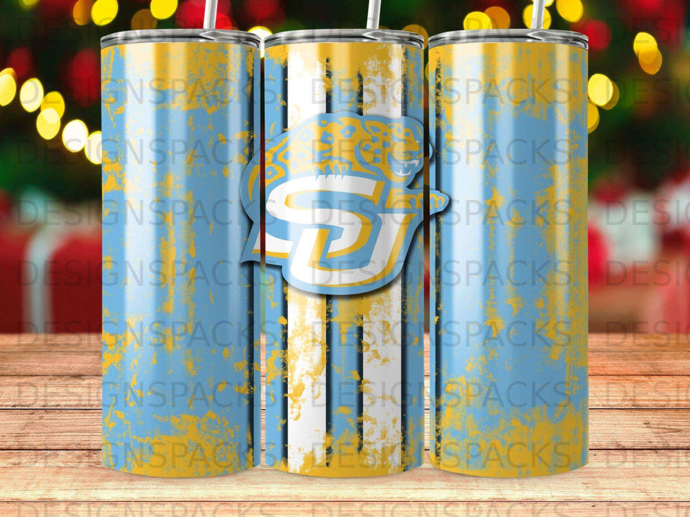 Gold and blue tumbler with a lion mascot logo.