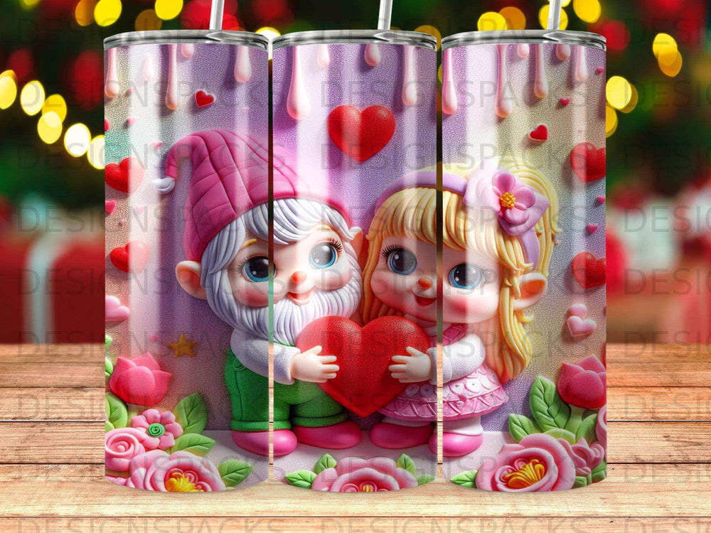 Gnome couple holding red heart, surrounded by pink roses and hearts.