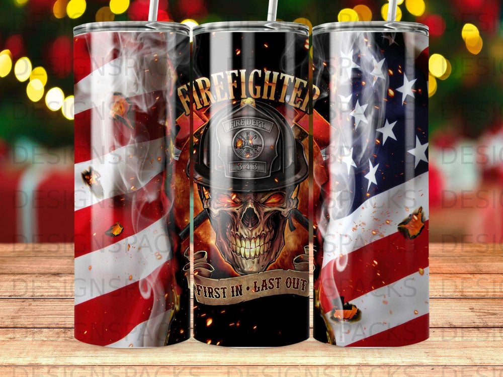 Firefighter skull with US flag, "FIRE DEPT. 343 FIRST IN LAST OUT".