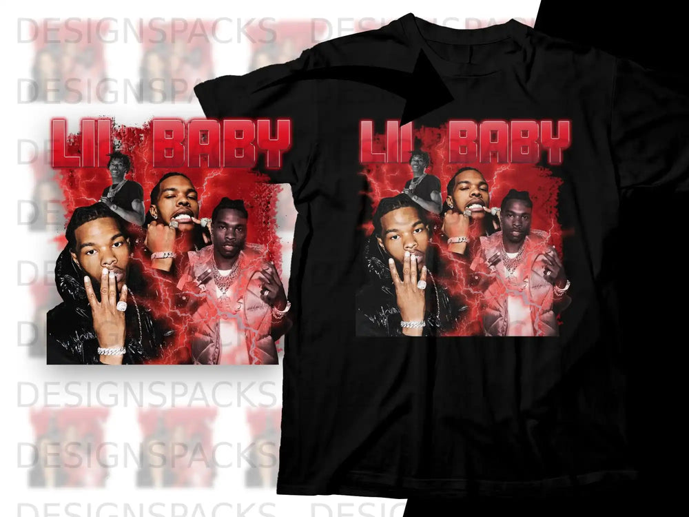 Lil Baby graphic tee with lightning effect and rapper's image.