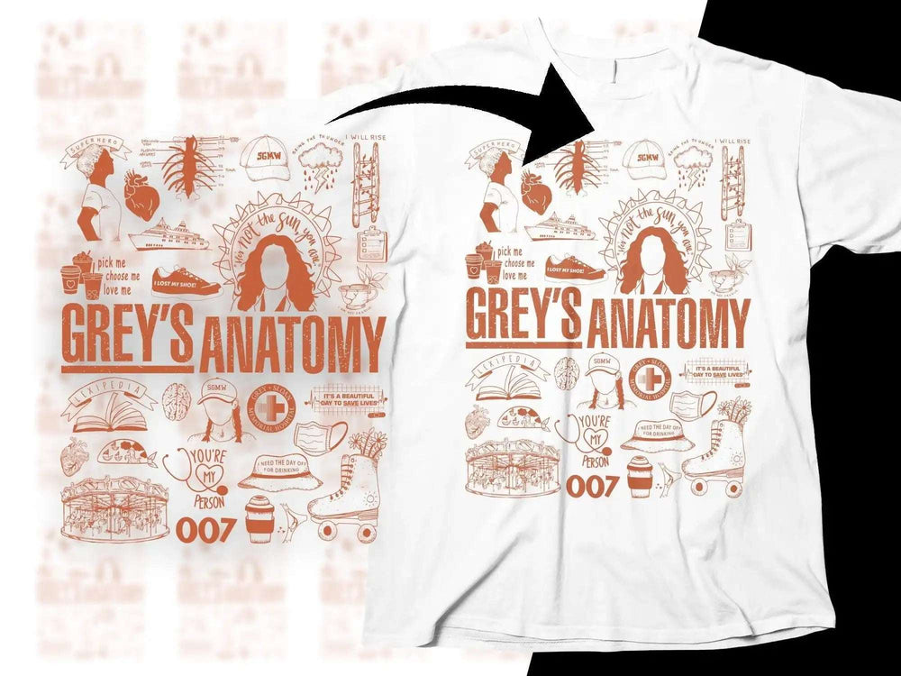 Grey's Anatomy themed t-shirt with iconic quotes and symbols in orange print