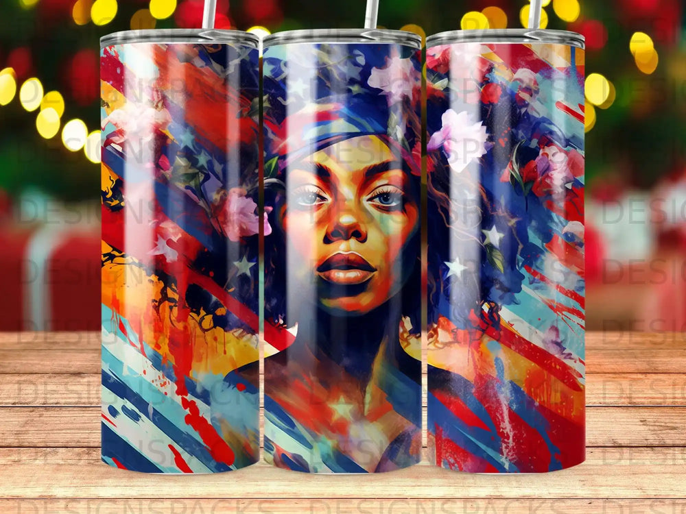 Abstract portrait of a woman with a colorful, star-spangled background.