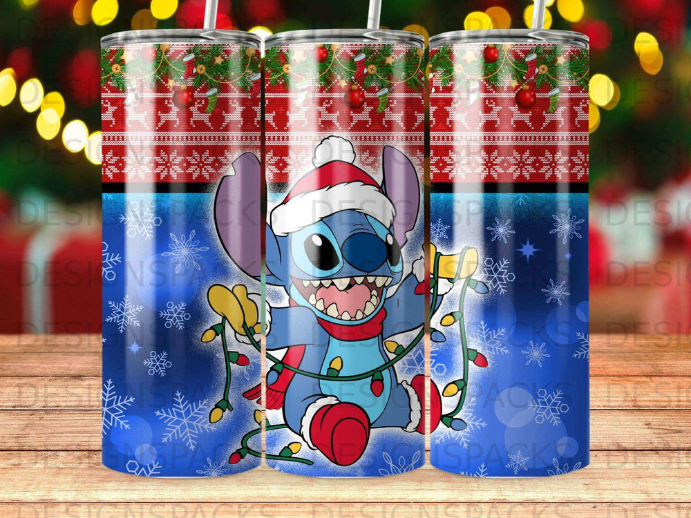 Stitch wearing a Santa hat and scarf tangled in colorful Christmas lights.