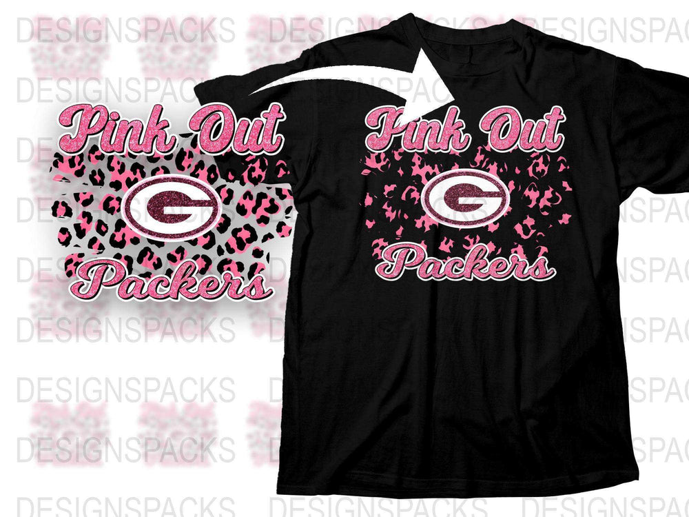 Pink Out Packers Themed T-Shirt, Black and Pink, Heart Pattern, Sports Fan Apparel