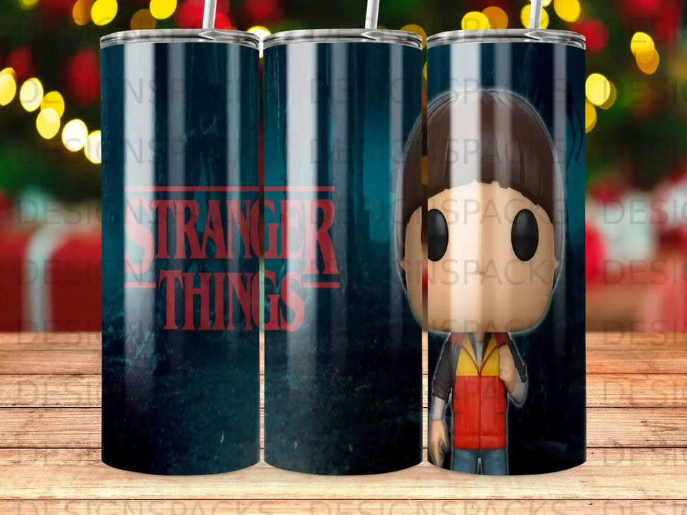Stranger Things tumbler with red and blue lettering on a dark background.