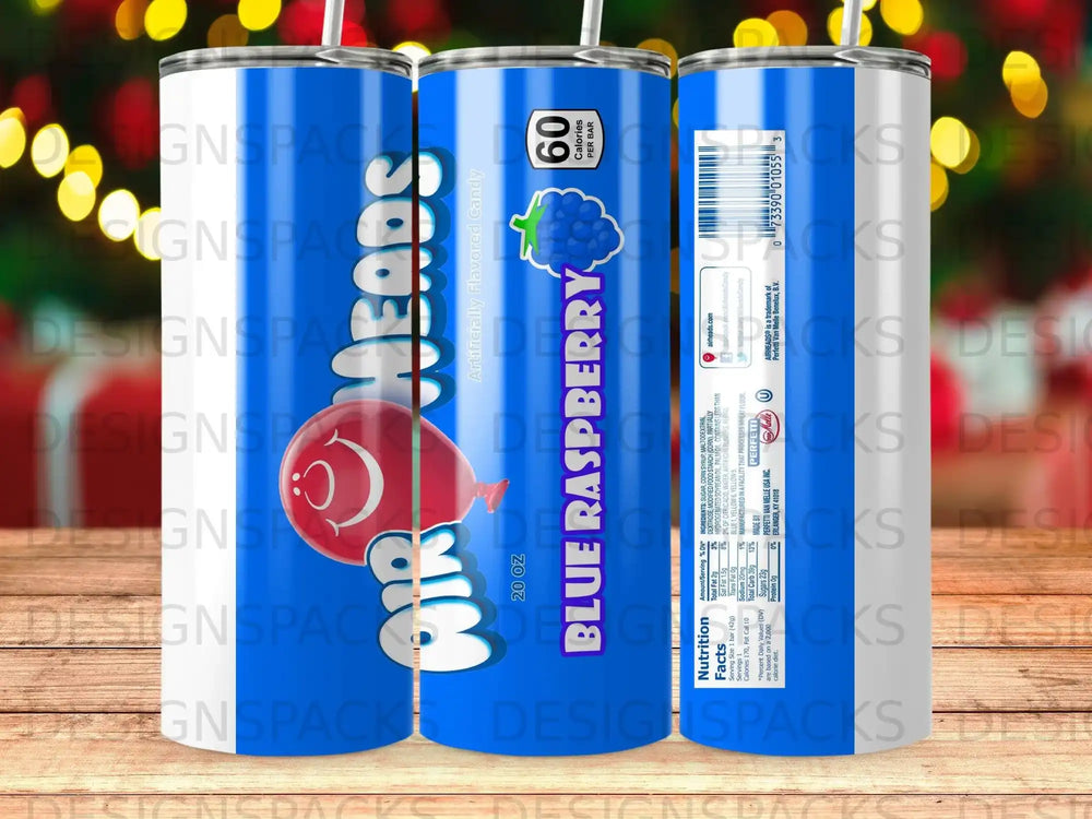Airheads Blue Raspberry 20 oz tumbler with nutrition facts label.