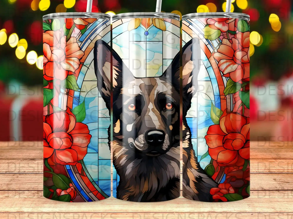 German Shepherd portrait within a stained-glass window with floral accents.